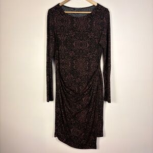 Peruvian Connection Black Brown Long Sleeve Stretch Jersey Wrap Dress